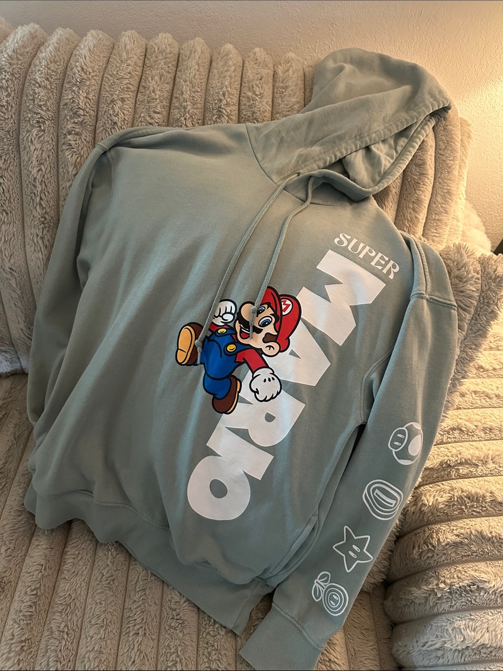 Super Mario Sage Green Zip-Up Hoodie Sweater